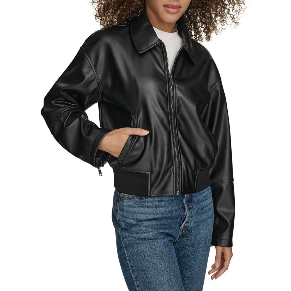 Women's Black Faux Leather Bomber Jacket With Laydown Style Collar Comfort